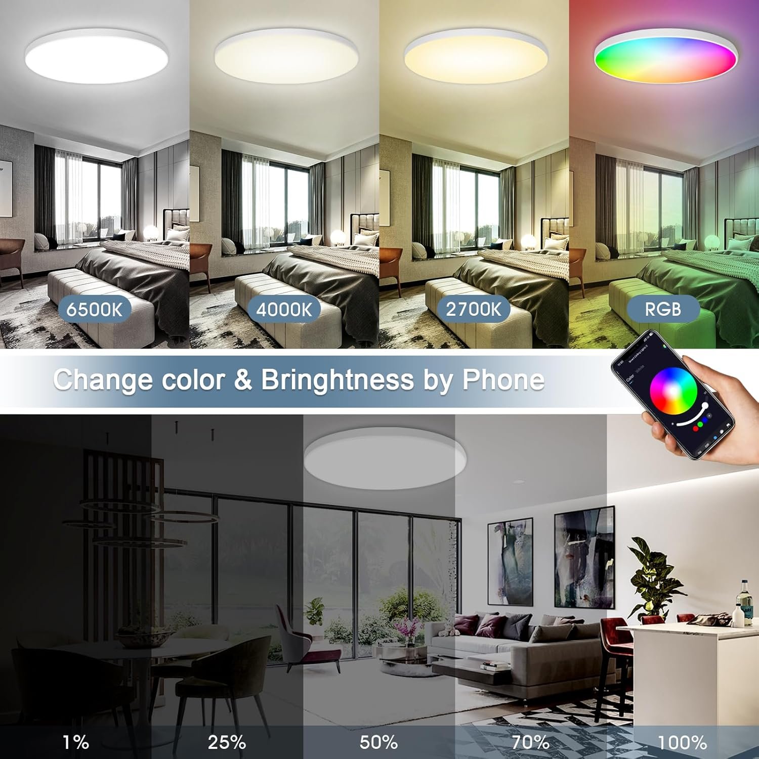 Opparl geführte LED Deckenlampe Dimmbar Mit Fernbedienung, 24W 16 MILEN RGB FARBWECHSEL Smart Led Deckenleuchte Steeuerbar, 2400LM Deckenbeleuchtung Ø30CM LAMPE für Wohntzimmer Schlafzimmer, Weiiß – Bild 5