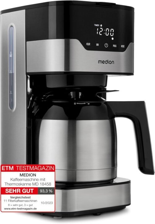 Medion Kaffeemaschine MIT Thermoskanne und Timer (Filtermaschine, 8 Tassen, 1,2 Liter, 900 Watt, 3 Stufen, Warmhaltefungion, Timer Zeiter Zeitschaltuhr, Antitropf, Display, MD18458) EDELSTAHLE