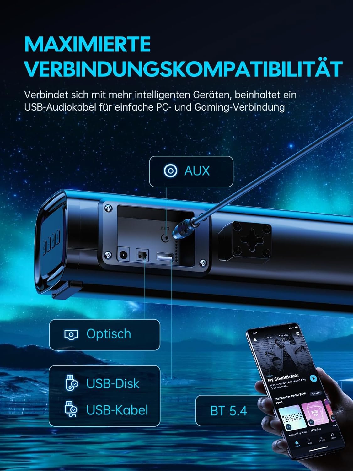 Mevosto Soundbar für TV Geräute PC Gaming Soundbar 60W Mini 2.1ch Integrierte Subwoofer BT5.4 Lautspecher Amt MIT USB Digital Audio/Optisch/Aux Voice Enhance 3 EQ Kompatibel Spielkonsolen-40Cm – Bild 6