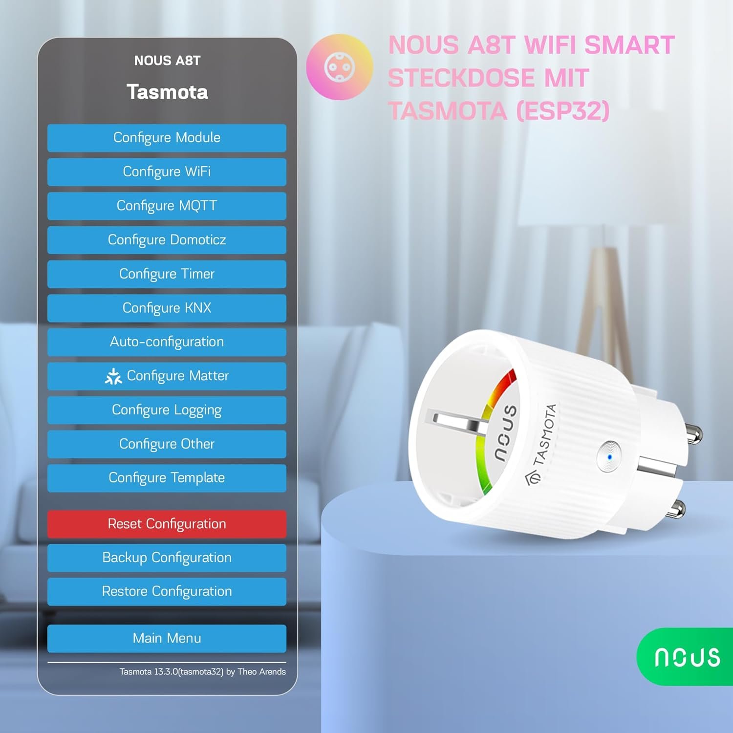 Tasmota Steckdose Nous A8T, Kleinste Wlan ESP32 Smart Plug, 10A Mini Wifi Steckdosen MIT Stromverbrauch Stromzähler, Zeitschaltuhr, Kompatibel Mit Matter, Alexa, Google Home Assistent, MQTT, 2.4g – Bild 5