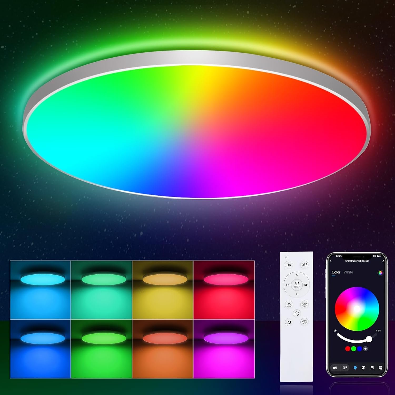 Opparl geführte LED Deckenlampe Dimmbar Mit Fernbedienung, 24W 16 MILEN RGB FARBWECHSEL Smart Led Deckenleuchte Steeuerbar, 2400LM Deckenbeleuchtung Ø30CM LAMPE für Wohntzimmer Schlafzimmer, Weiiß