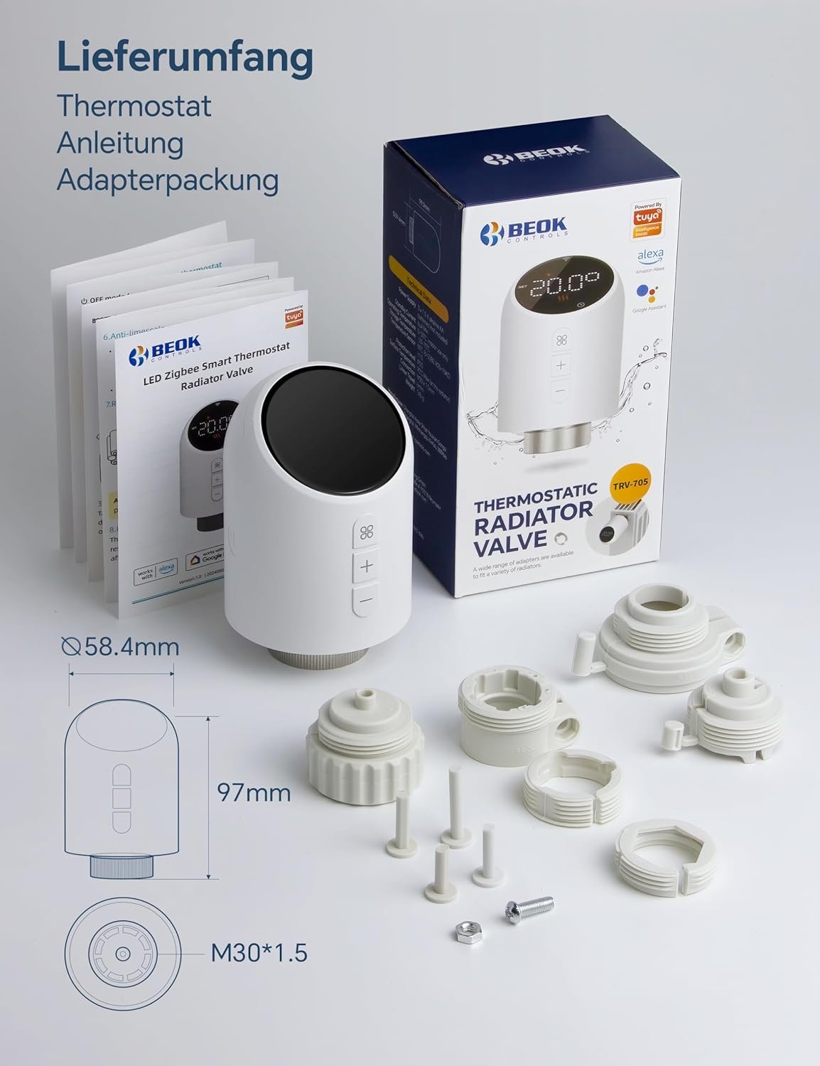 Beok Heizkörperthermostat Wlan, Smart Home HeizungSthermostat Heizkörper ThermostatKopf Thermostat Heizung Digital Wifi Heizungsregler, Steeuerung per Tuya App, Google Assistant & Alexa TRV-705 – Bild 6