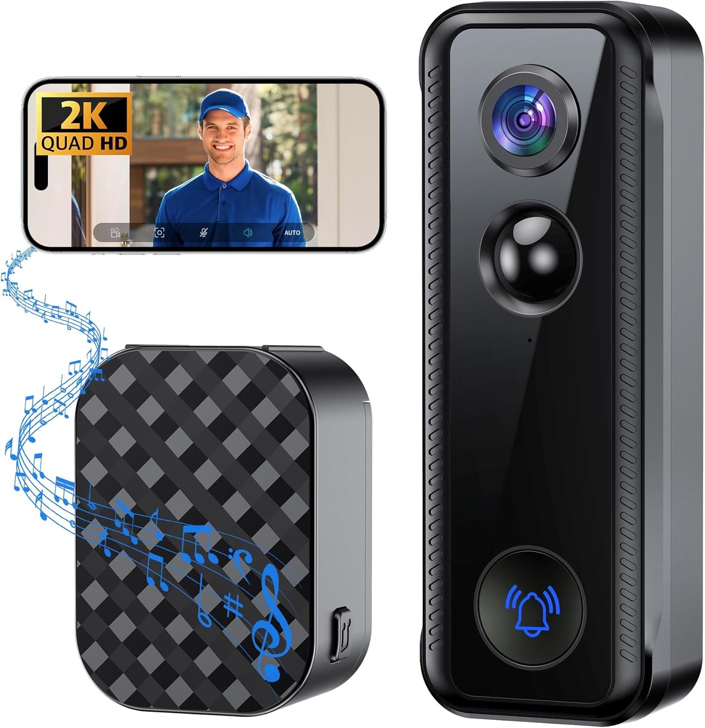 Ankway 2k Video Türklingel MIT Kamera Wlan, 145 ° Weitwinkel, Pir-Sensor, 2-Wege-Videoanruf, Live-Ansichtern Verfindich, Alarme, Wasserdicht, 2 Speicherwege, Unterstaubung Mit Alexa, Smarteibell Carmed