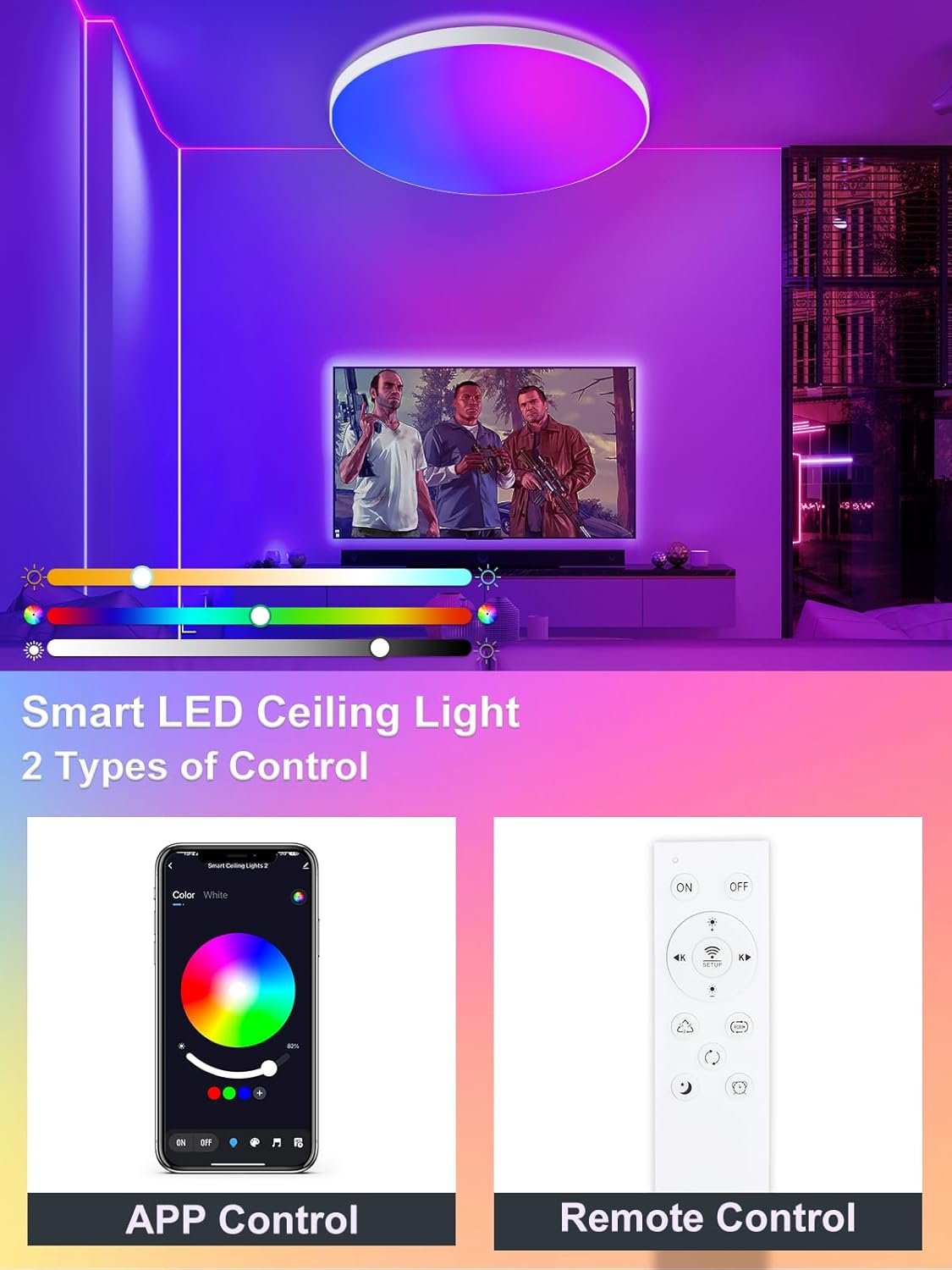 ORAYMIN LED CERKENLEUMENTE DIMMBAR MIT Fernbedienung, 24W RGB Farbwechsel Deckenlampe MIT App-Steuerung, 2700K-6500K Rund LED LED LEH – Bild 5