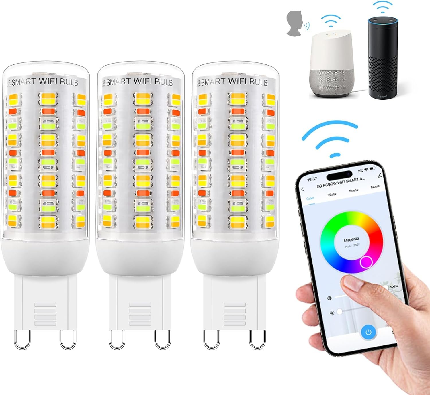 Wi-Fi RGBCW Smart G9 LED Lampen, Kompatibel Mit Alexa /Google Home, AC 230V Mehrfarbare Dimmbare, 2700k-6500K, Helligkeit Einstellbar 1%-100%, 4W, 400LM, MIT Muskynchronisation LED Glöhbarne, 3er Pack