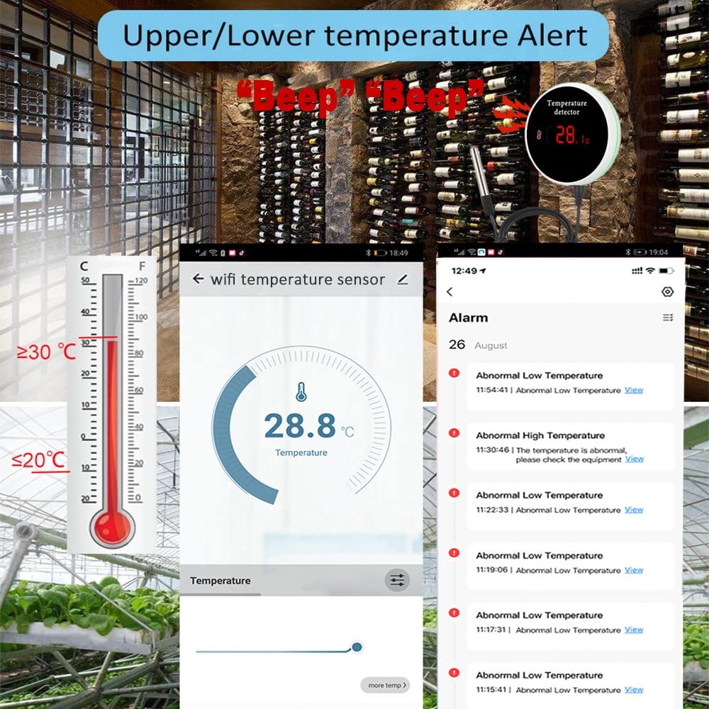 WiFi -Temperatursensor Smart Thermometer: Digitale Temperaturmesser mit wasserdichtem externen Sonde, App -Alarm- und Summeralarm, wiederaufladbarer Akku für Gefrierschrank, Kühlschrank, Fischtank – Bild 3