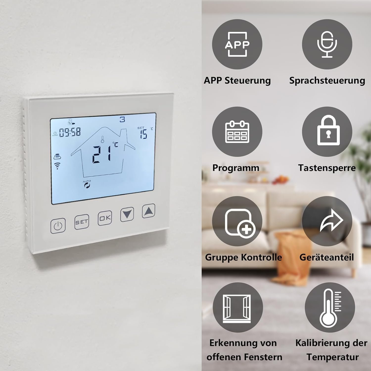Ketotek Smart Thermostat fussbodenheizung elektisch wifi 16a kompatibel Mit Alexa, Digital Raumthermostat Fußbodenheizung Wlan App Steuerung Mit Frotler Weiß – Bild 2