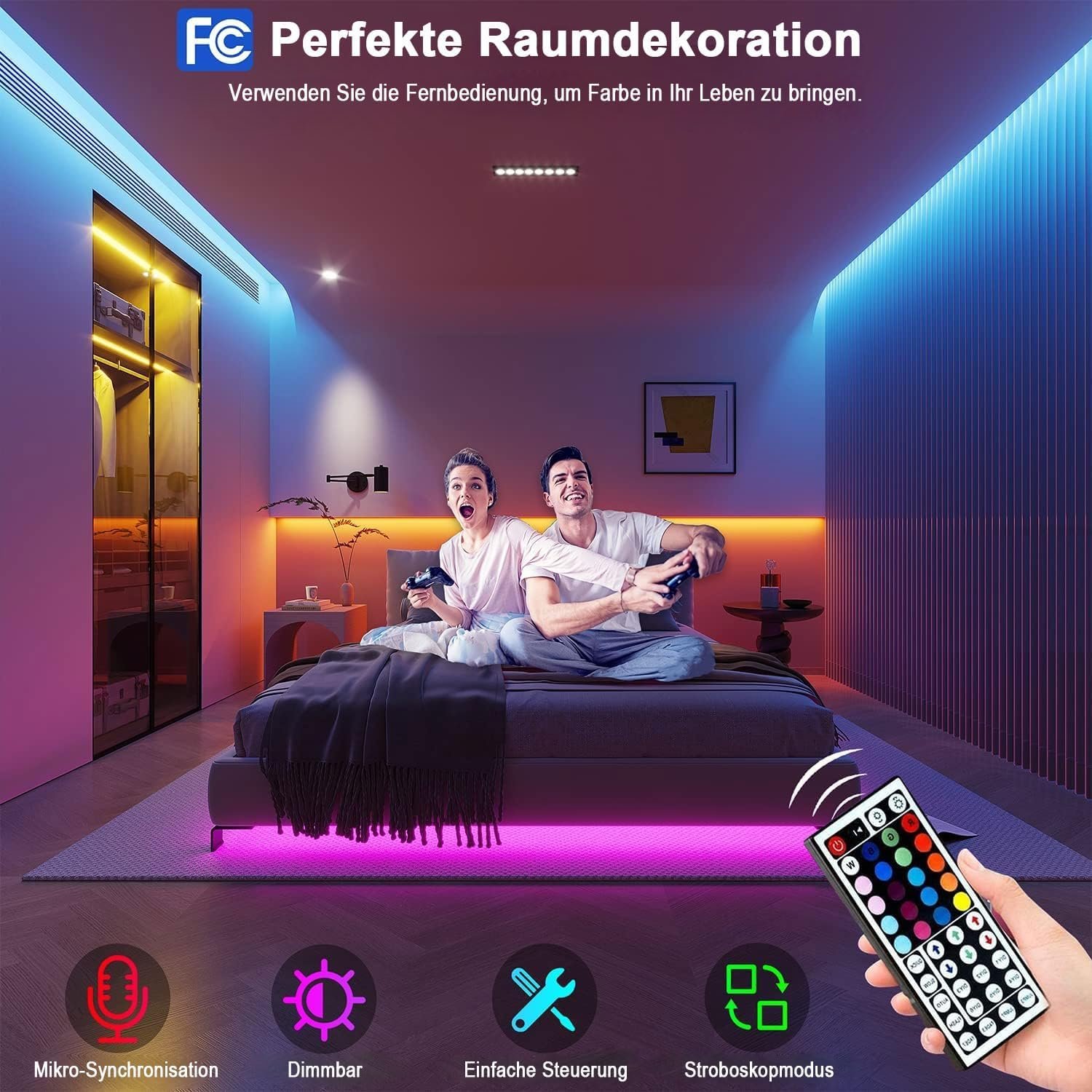 Keepsmile LED -Strip 30m, RGB LED -Streiflen mit Fernbedienung von Fernbedienung und Bluetooth, Timer -Einstellung, dimmbare LED -Lichtband -Synchronisation Farbwechsel -LED -Lichterkette für Gaming Zimmer Deko (2 Rollen von 15 m) – Bild 3