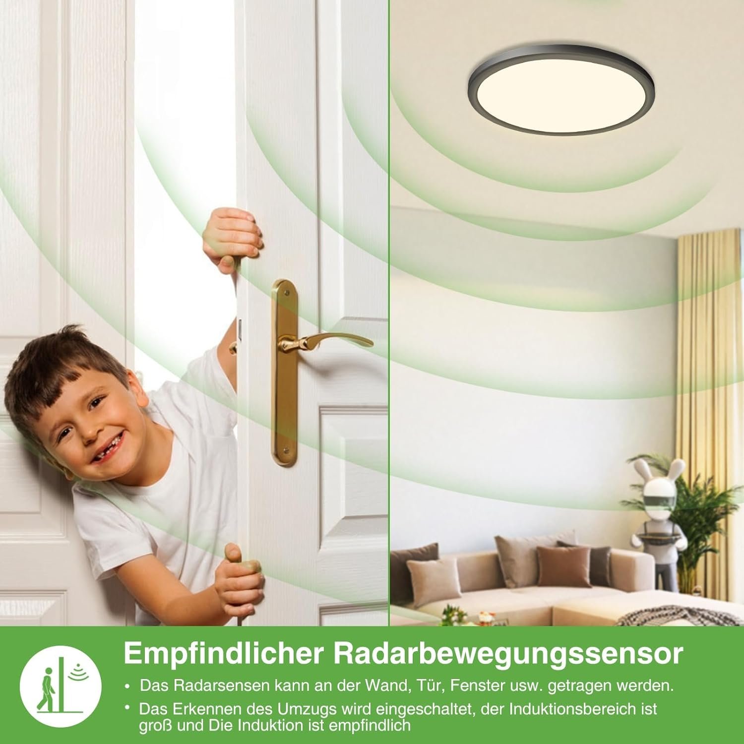 Zemty Led Deckenleuchte mit Radar Bewegungssersor 19w 4000k, Flache Lampe mit Bewegungssor innen, 22 cm 1800 lm Rund Deckon – Bild 2