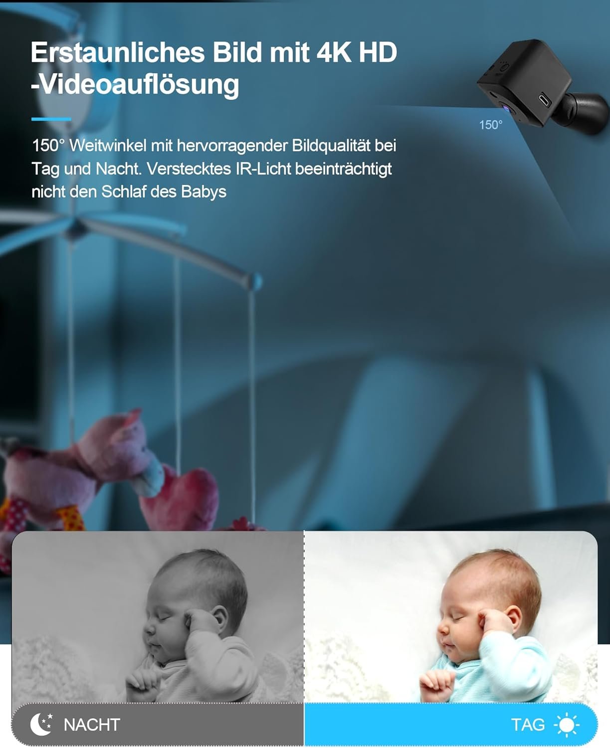 Aobocam mini kamera, 4k hd wlan (2,4ghz überwachungskamera innen live übertragung Handy App für Wifi Kamera Indoor MIT Akku Kompakte Sicherheitkamera MIT Bewegungsmelder/Nachtenscheich/Cloud-Spitze – Bild 6