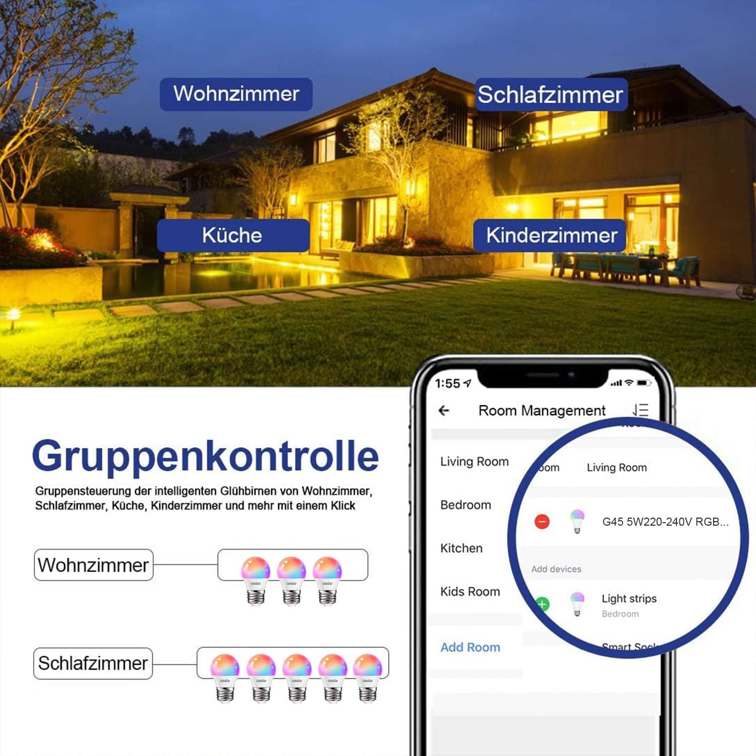 Extrastar Smart Glühbirne E27 G45, Alexa Led Wifi Lampe 2700K-6500K, 4,9W 470LM 16 MILEN FARBEN WLAN DIMMBAR GLuhbirne, Rgb Birne Kompatibel Mit Alexa, Google Home, 2 Stückk – Bild 5