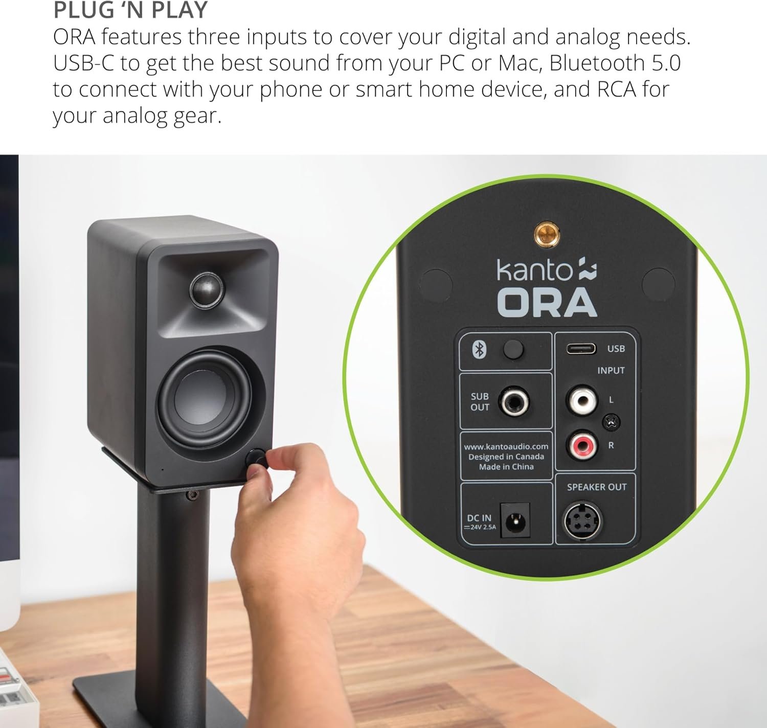 Kanto Oramb 100W Powered BI-Amp Referenz Desktop-Computerlautsprecher mit Bluetooth 5.0 & USB-C | 100 Hz Crossover | Referenzqualitätsklang | Paar | Schwarz – Bild 7