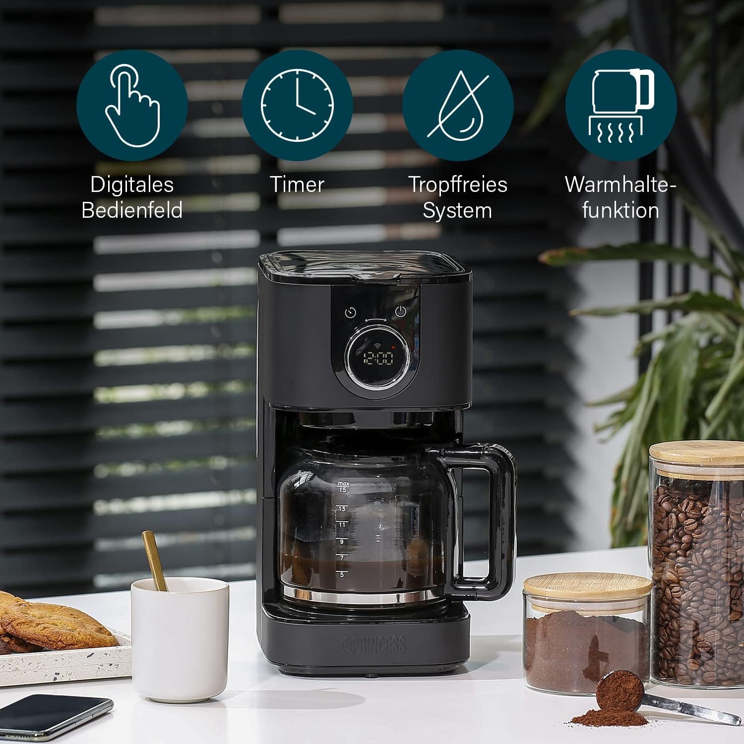 Edle Edelstahl Kaffeemaschine in Schwarz MIT Wifi -konneKtivität & Timer - Geeignet für 10 bis 15 Tassen – Bild 4