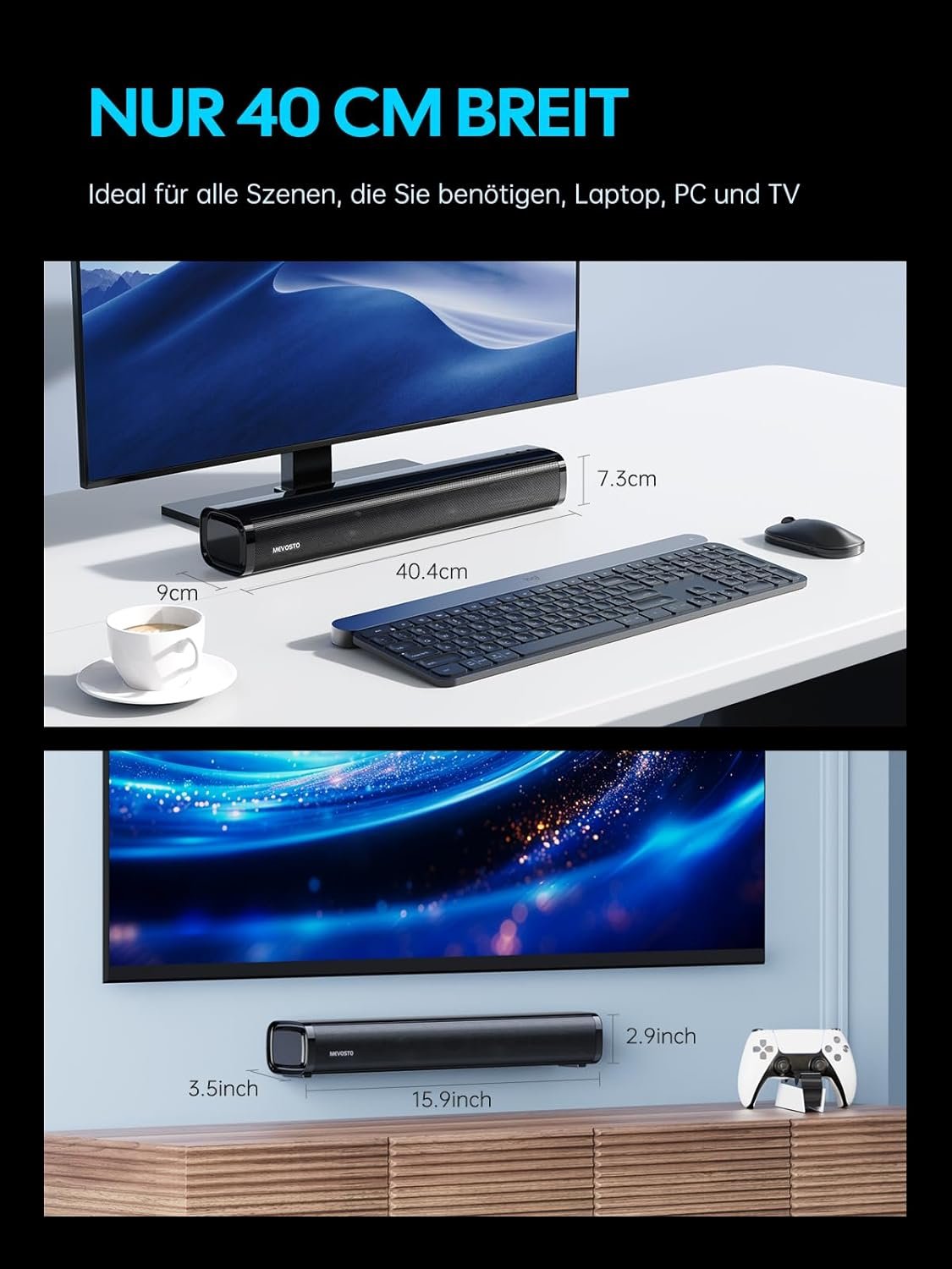 Mevosto Soundbar für TV Geräute PC Gaming Soundbar 60W Mini 2.1ch Integrierte Subwoofer BT5.4 Lautspecher Amt MIT USB Digital Audio/Optisch/Aux Voice Enhance 3 EQ Kompatibel Spielkonsolen-40Cm – Bild 4