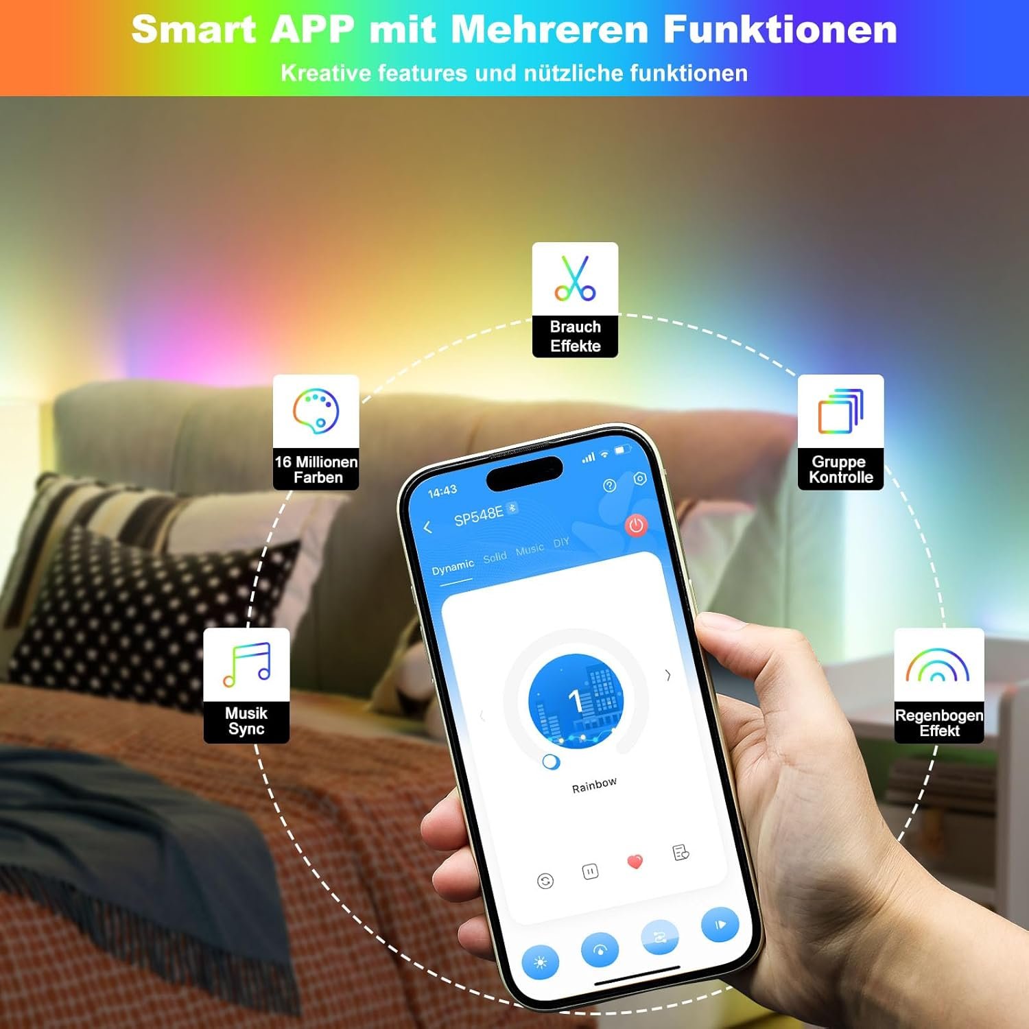 Pautix USB RGB Smart IC COB LED STRIFEN 3M 5V, 1800LEDS PIXEL ADRESSIERBARES FARBWECHSELNDE RGB LED Band, FunktionTerert für Alexa/Google Assistent, RF Fernbedienung für TV Weihnachtsfeiser Diy DeKoration – Bild 3