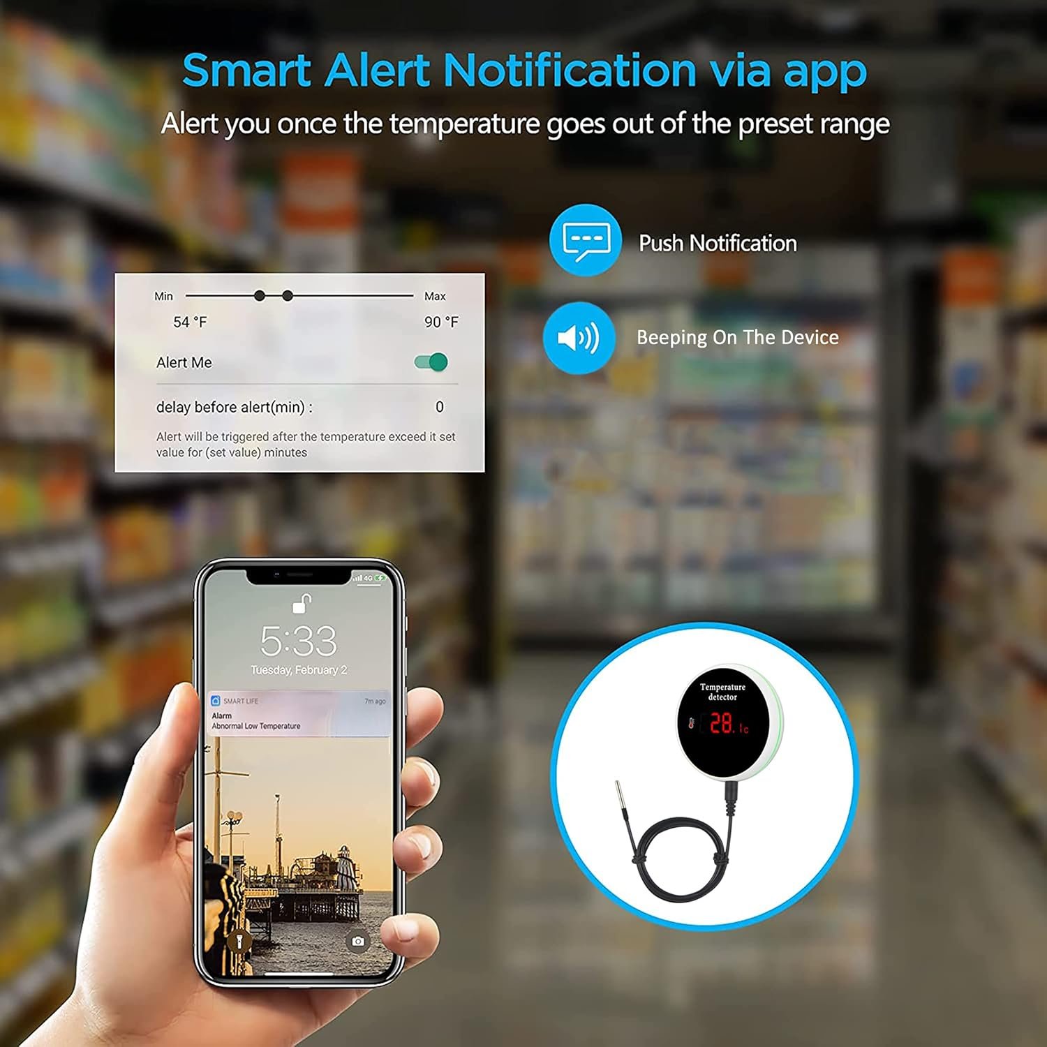 WiFi -Temperatursensor Smart Thermometer: Digitale Temperaturmesser mit wasserdichtem externen Sonde, App -Alarm- und Summeralarm, wiederaufladbarer Akku für Gefrierschrank, Kühlschrank, Fischtank – Bild 2