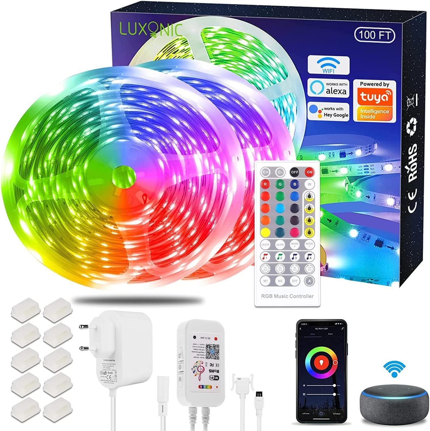 Alexa LED Strip 30m, luxonische Smart RGB -LED -Streifen Alexa LED Lichterkette, App Gesteuerte Muiksynchronisation, Arange -MIT -Google -Assistent, Ultralanger LED LESTE MIT NETELEL UND FERNBEDIENUNG