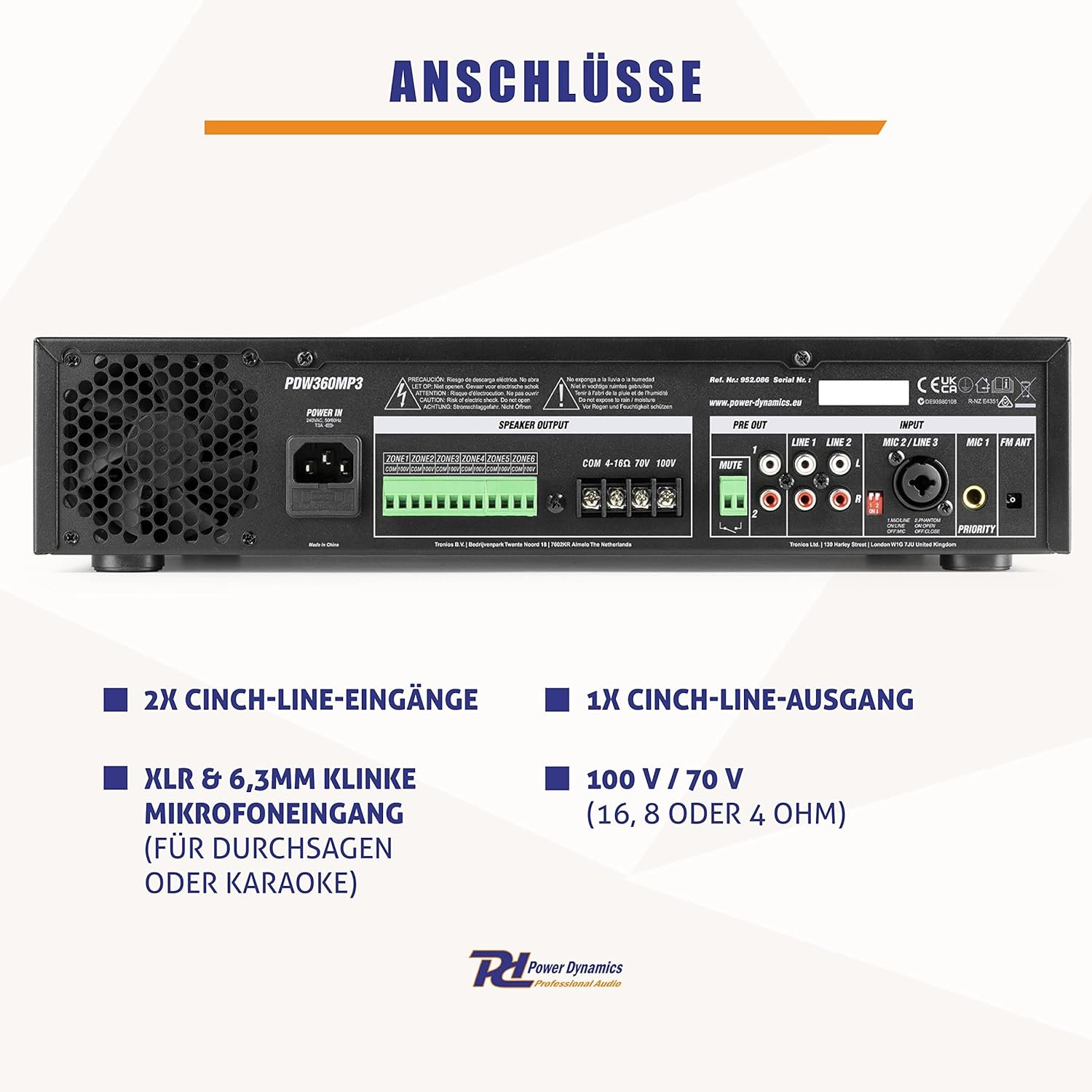 Power Dynamics PDW500MP3-Verstängker, PA-Mixer, 6-Zonen-Verstärker, 500 Watt, Bluetooth, MP3, für 100V-Soundsystem, RCA-Inputs, Mic-In, 3-Band-EQ, Mehrzonen endstufe – Bild 3