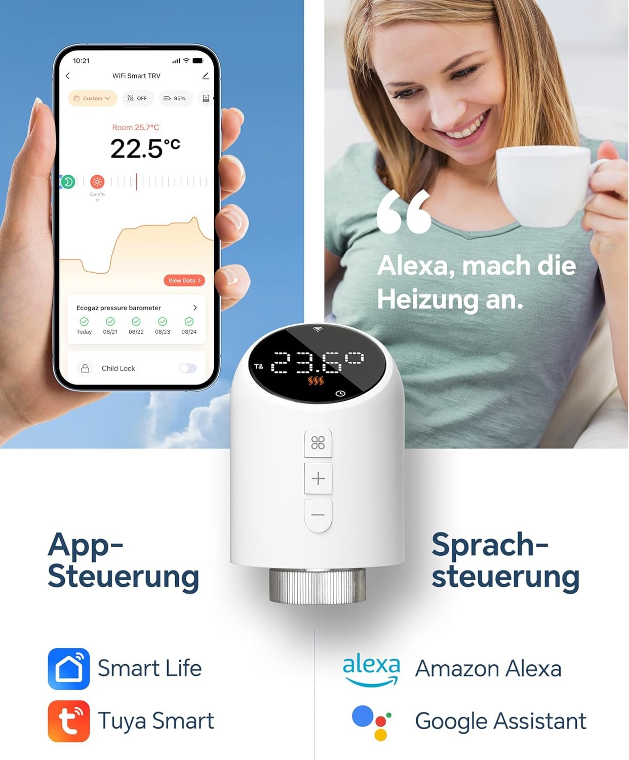 Beok Heizkörperthermostat Wlan, Smart Home HeizungSthermostat Heizkörper ThermostatKopf Thermostat Heizung Digital Wifi Heizungsregler, Steeuerung per Tuya App, Google Assistant & Alexa TRV-705 – Bild 3