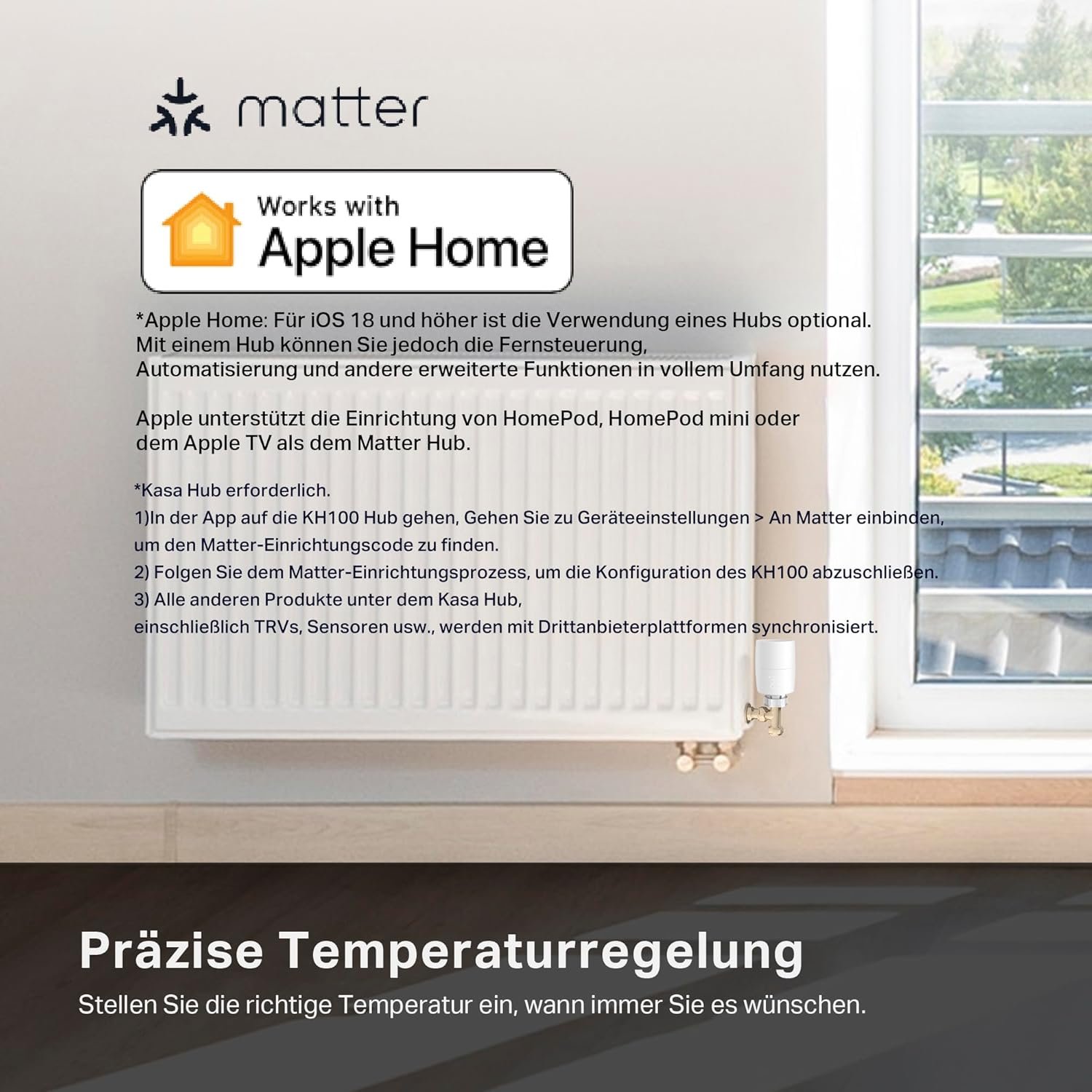 TP -Link Kasa Smartes Heizkörperthermostat - WiFi Starter Kit, inklosiv 1 Thermostat und 1 Hub, Heizungssteuerung (Kasa -App, Geofencing, Fensterklungserkenung), Materie, Alexa, Alexa, Alexa, Alexa – Bild 3