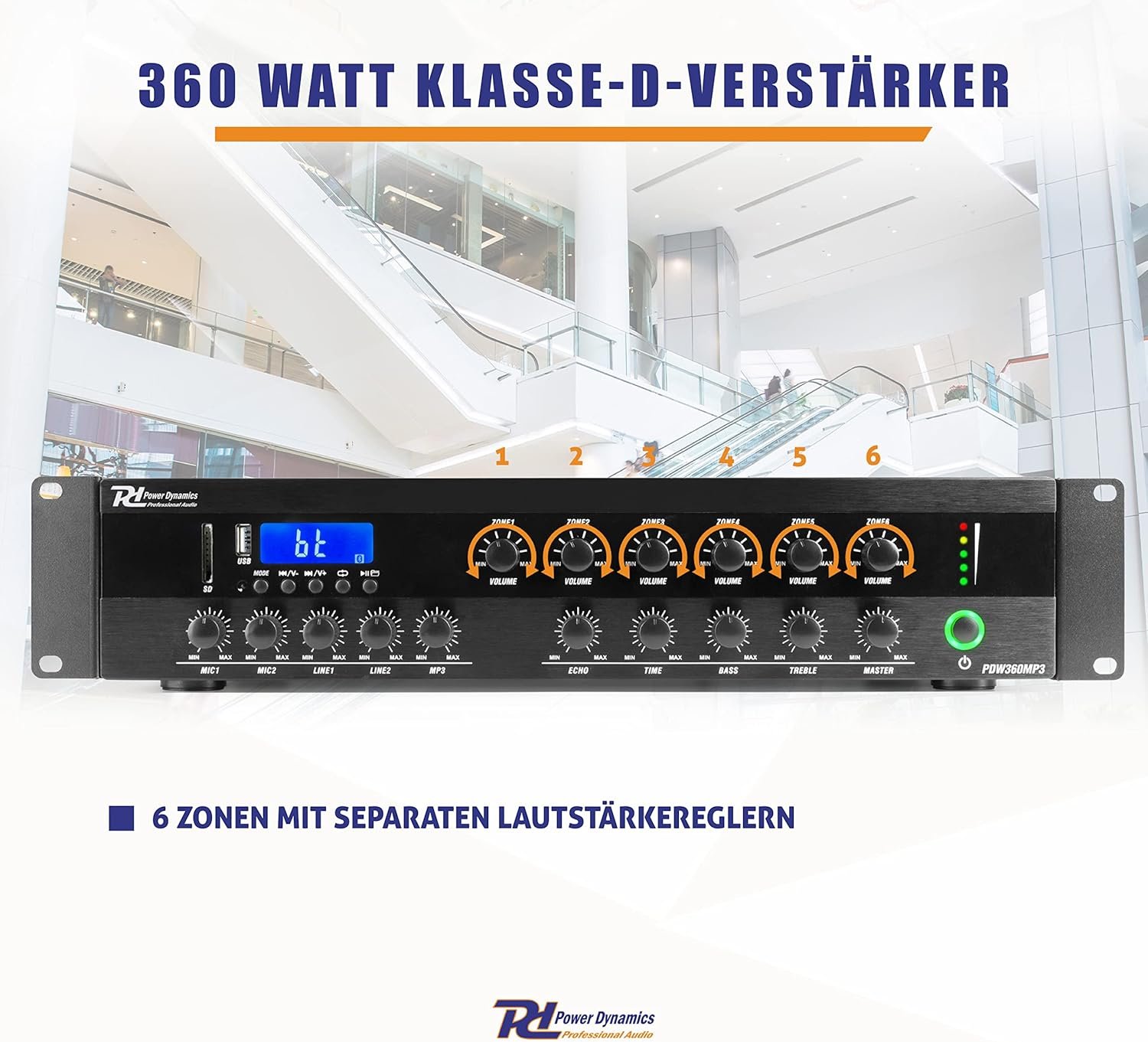 Power Dynamics PDW500MP3-Verstängker, PA-Mixer, 6-Zonen-Verstärker, 500 Watt, Bluetooth, MP3, für 100V-Soundsystem, RCA-Inputs, Mic-In, 3-Band-EQ, Mehrzonen endstufe – Bild 2