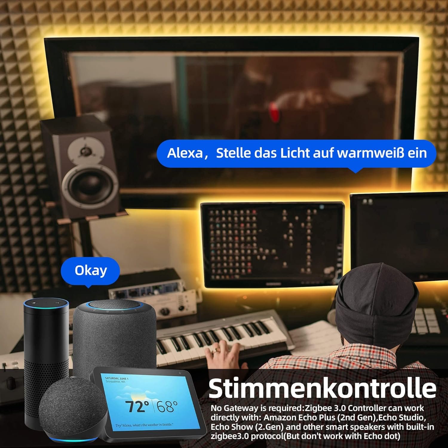 Zigbee 3.0 USB RGBWW LED STREIFEN DIMMBARES KIT, 3M Smart -TV -Hintergrundbeleuchtung Arebeiten Sie MIT Hub Bridge Echo Plus, App/Alexa Sprachsteuerung RGBCCT LED LED LEGEN FÜW AMBIANCE LELLING – Bild 3