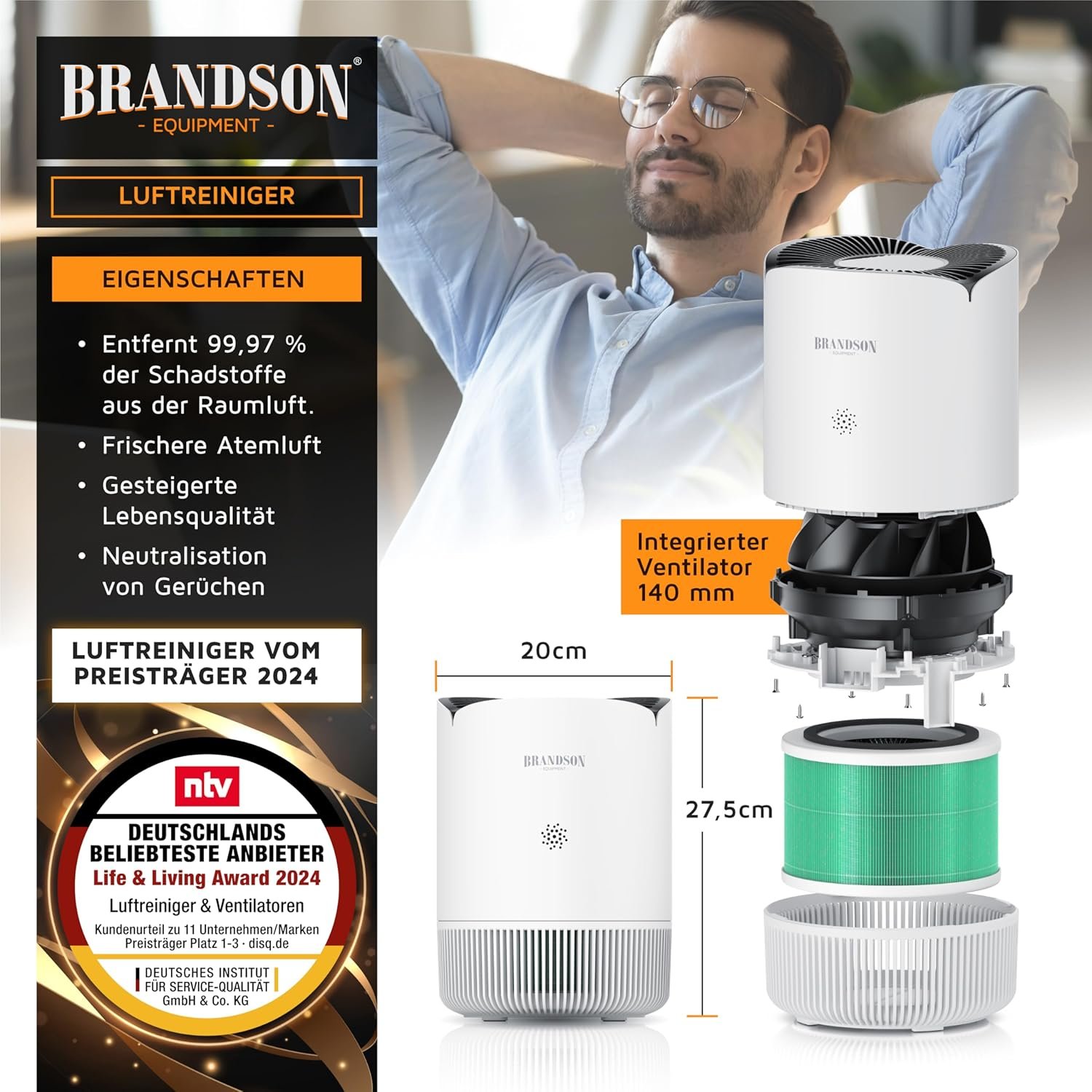 Brandson - Luftreiniger Allergiker Wlan - CADR 158 m³/h 50 m² - Luftreiniger - Presiwbäger 2025 - Smart Home MIT App - 4 Filter HEPA Aktivkohle - Tierhaare Pollen Staub Schimmel Viren Rauchertzermer – Bild 2