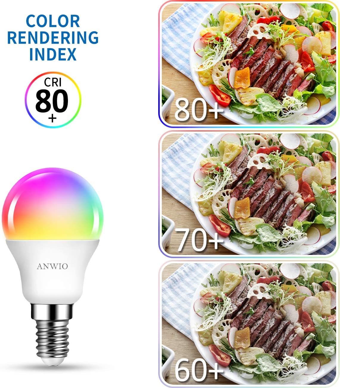 Anwio Alexa Smart Glühbirnen, E14 Wlan LED LAMPEN DIMMBAR GLUHBIRNE 5W 470LM+2700-6500K+RGB 16 MILEN FARBEN, APP Steuern Kompatibel Mit Alexa/Google Home, Bluetooth, Sprachsteuer, 2 Packs, 2 Packs – Bild 3