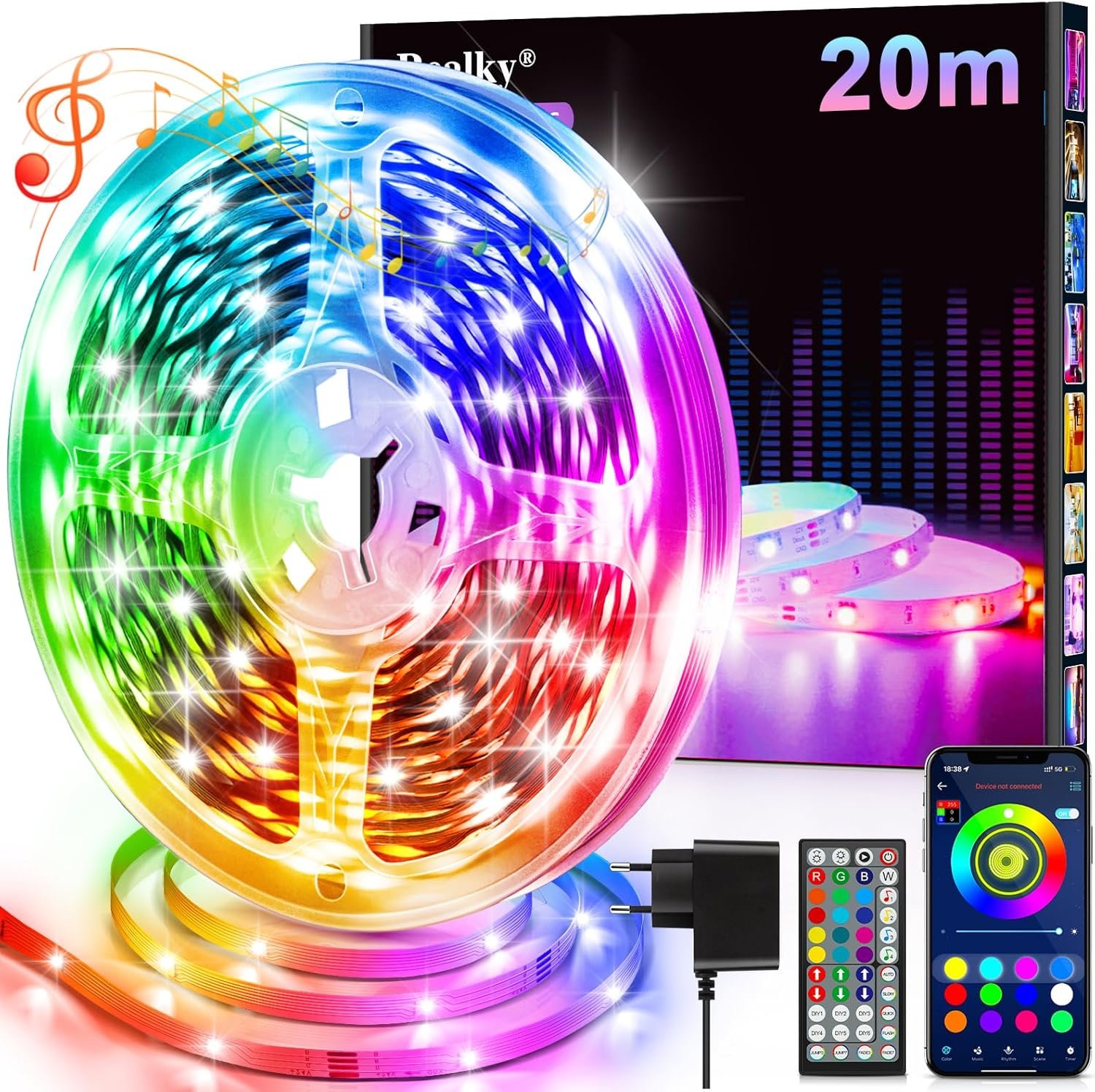 LED Strip Streiflen 20m MIT Fernbedienung & App & Musik Sync, RGB Lichterkette Dimmbar Farbwechsel, Liste Band Stripes Bluetooth Selbstklebend für