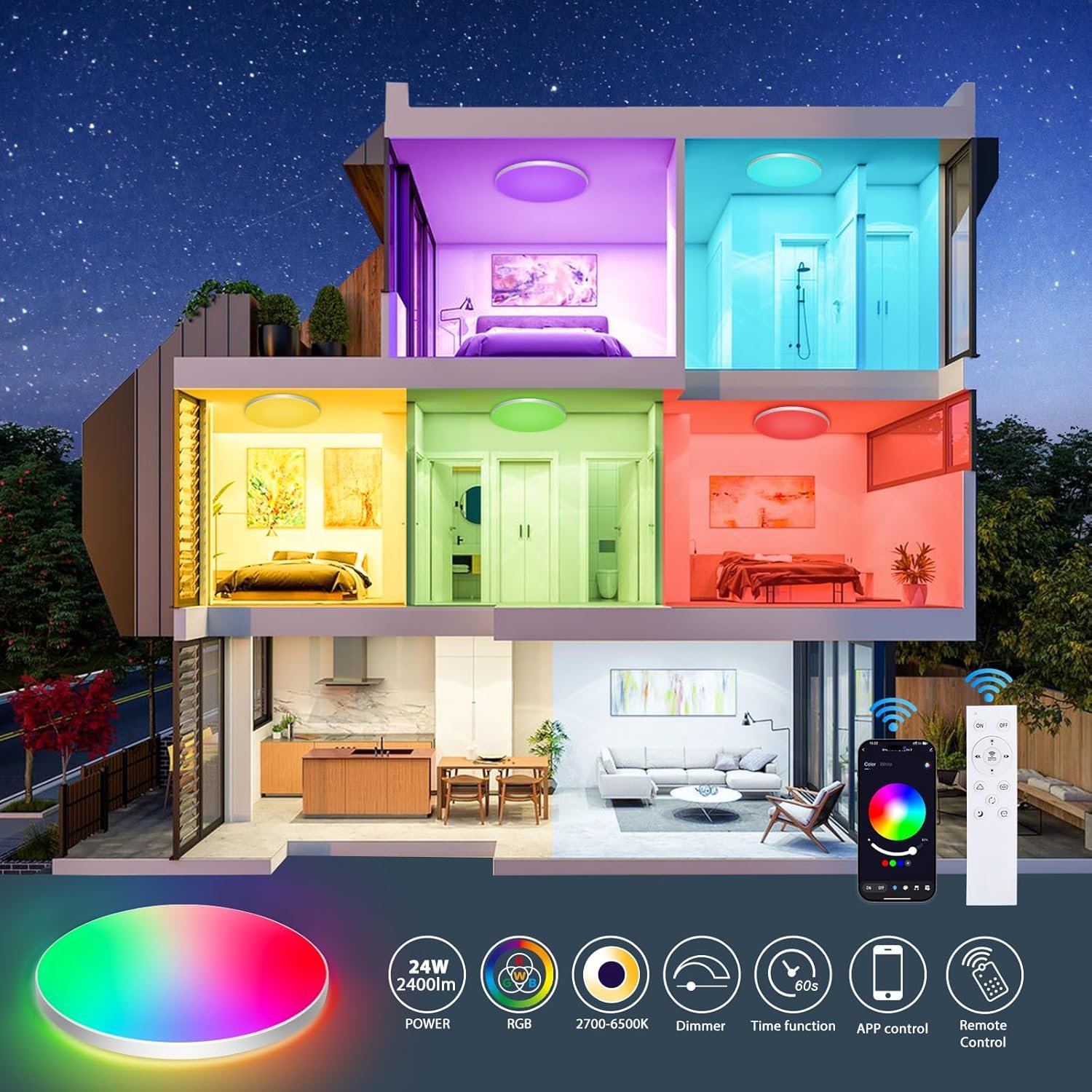 Opparl geführte LED Deckenlampe Dimmbar Mit Fernbedienung, 24W 16 MILEN RGB FARBWECHSEL Smart Led Deckenleuchte Steeuerbar, 2400LM Deckenbeleuchtung Ø30CM LAMPE für Wohntzimmer Schlafzimmer, Weiiß – Bild 8