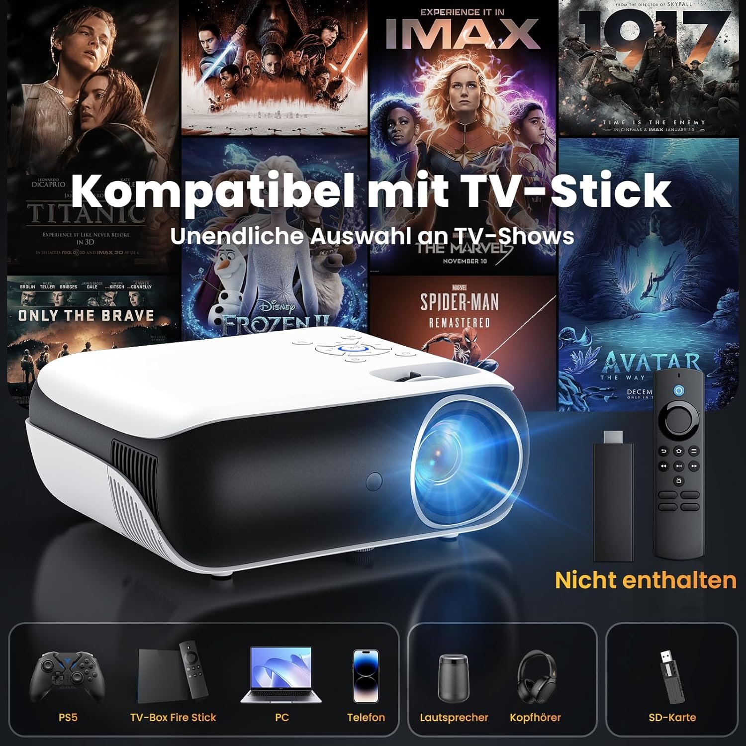 Hopvision Beamer, Full HD 1080p Beamer, Bluetooth Beamer 4K UNTERSTUTZT, Tragbart Mini Beamer Heimkino, Home/Outdoor Projektor Kompatibel MIT Smartphone/HDMI/USB/AV/Fire Stick/PS5 – Bild 5
