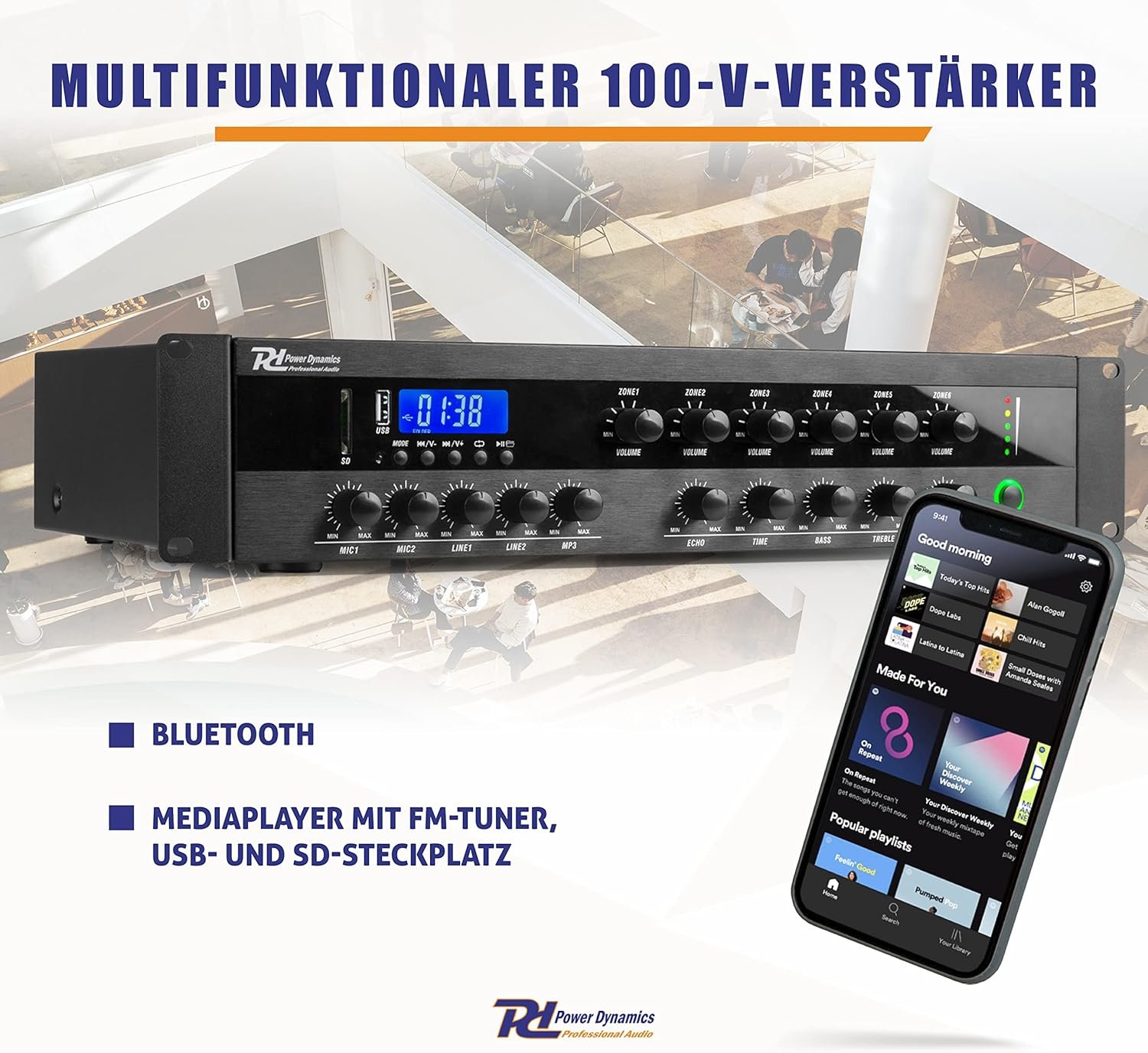 Power Dynamics PDW500MP3-Verstängker, PA-Mixer, 6-Zonen-Verstärker, 500 Watt, Bluetooth, MP3, für 100V-Soundsystem, RCA-Inputs, Mic-In, 3-Band-EQ, Mehrzonen endstufe – Bild 5