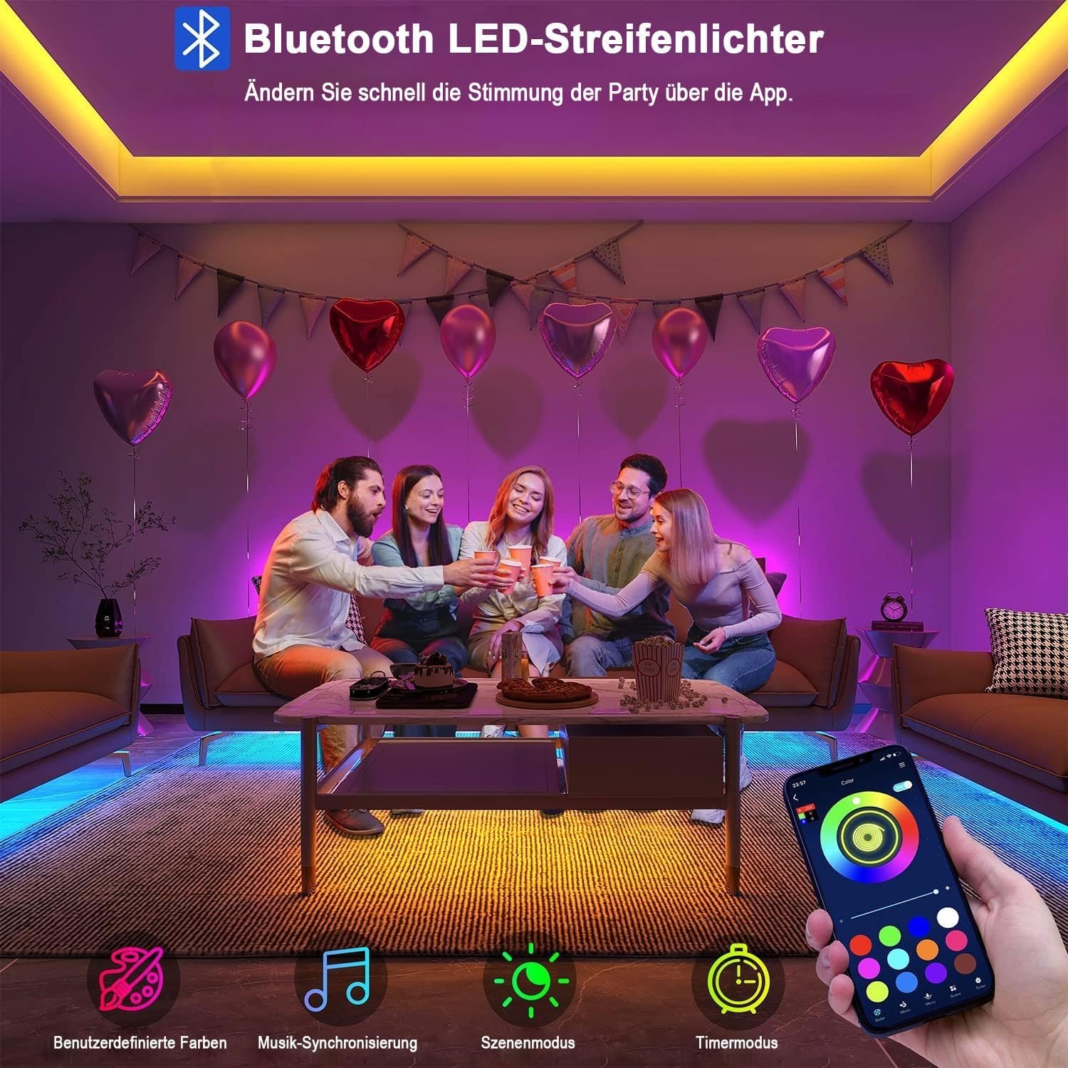 Keepsmile LED -Strip 30m, RGB LED -Streiflen mit Fernbedienung von Fernbedienung und Bluetooth, Timer -Einstellung, dimmbare LED -Lichtband -Synchronisation Farbwechsel -LED -Lichterkette für Gaming Zimmer Deko (2 Rollen von 15 m) – Bild 2
