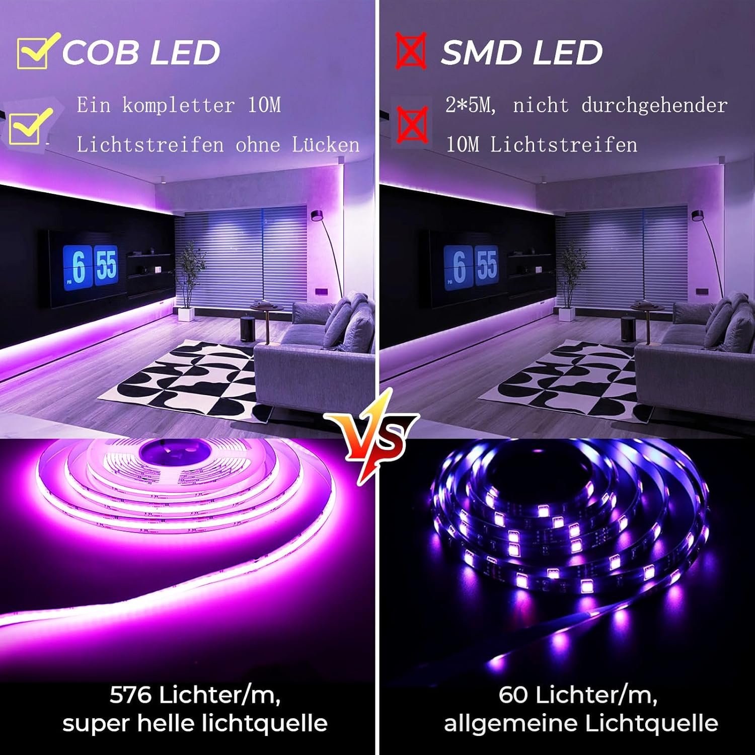 10m Wifi Intelligent COB RGB LED STRIFEN -STRIP LICHTERKETTER 576LEDS/M 5760LEDS 24V LED -Band Lichtleiste Arangeet MIT Google Home Assistent/Alexaz, Dimmbar Verformbar LED Band MIT Wifi Fernbedienung – Bild 3