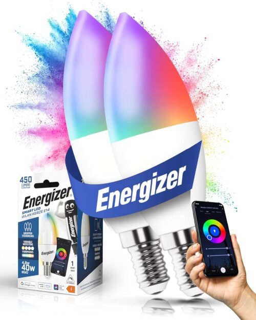 Energizer Smart LED, Mehrfarbige Dimmbare Wlan Birne, 5, 5W, pro App Steeuerbar, Home Leuchtmittel, Mit Alexa, Google und Siri, Kein Hub Benögt, Lampenfassung E14, 2 Stück, S18688