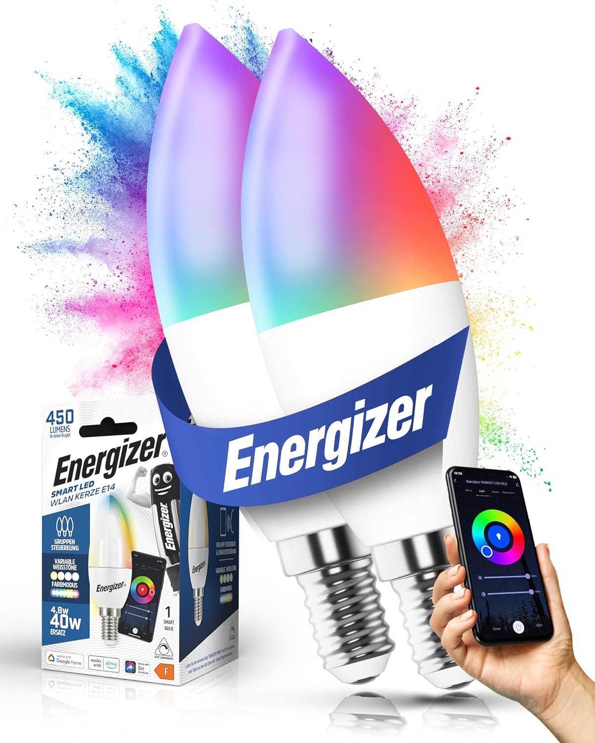 Energizer Smart LED, Mehrfarbige Dimmbare Wlan Birne, 5, 5W, pro App Steeuerbar, Home Leuchtmittel, Mit Alexa, Google und Siri, Kein Hub Benögt, Lampenfassung E14, 2 Stück, S18688