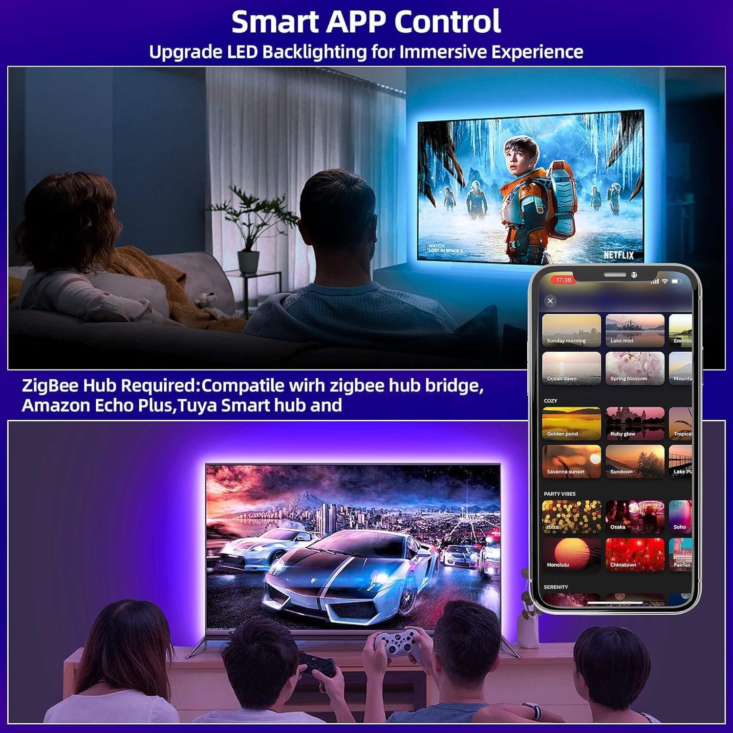 Zigbee 3.0 USB RGBWW LED STREIFEN DIMMBARES KIT, 3M Smart -TV -Hintergrundbeleuchtung Arebeiten Sie MIT Hub Bridge Echo Plus, App/Alexa Sprachsteuerung RGBCCT LED LED LEGEN FÜW AMBIANCE LELLING – Bild 2