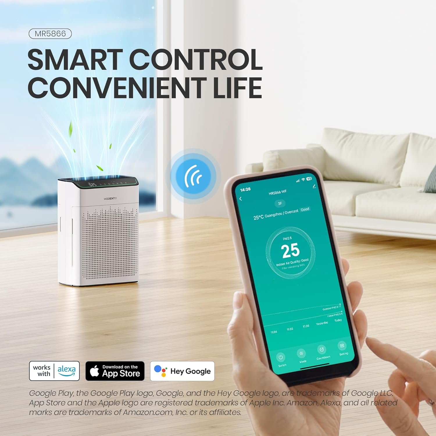 Morento luftreiniger Allergiker für Wohnung RaucherZimmer Mit Wi-Fi und App, CADR 340m³/H für 158, Luftqualitäts-Feedback und Auto-Modus, Hepa Luftfilter Gegen Staub Pollen Tiere, 23d, Mr5866, Mr5866 – Bild 3