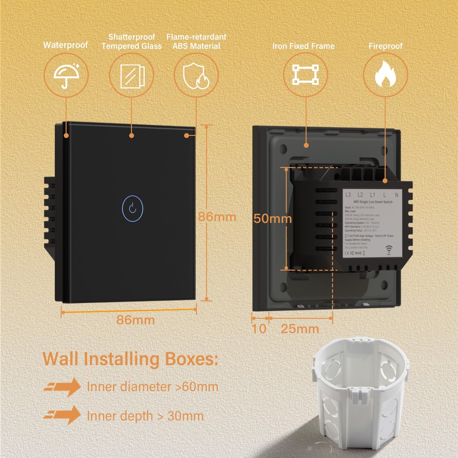BSEED 2,4G Single Live Wifi-BerÜhrungssensorschalter (Kein Neutralleiter Erforderlich) Smart Life/Tuya/Google Alexa-kompatible Wandleuchtenschalter für Glasscheiben 1 Fach 1 Wag Schwarz – Bild 5
