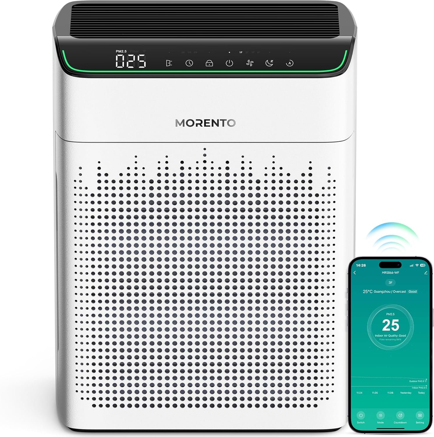 Morento luftreiniger Allergiker für Wohnung RaucherZimmer Mit Wi-Fi und App, CADR 340m³/H für 158, Luftqualitäts-Feedback und Auto-Modus, Hepa Luftfilter Gegen Staub Pollen Tiere, 23d, Mr5866, Mr5866