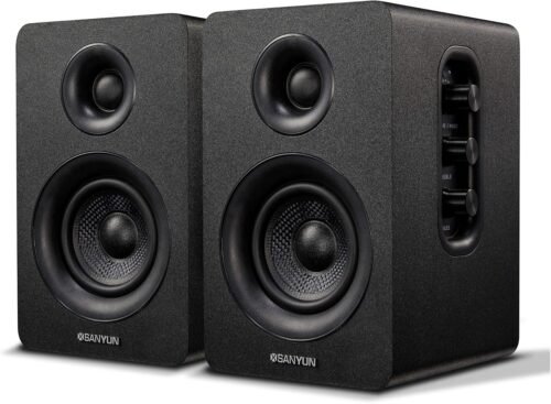 Sanyun SW208 3 „Aktive Bluetooth 5.0 Regallautprecher-60W-Kohlefaser-Lautprecherheit-Eangauter 24-Bit-Dac-Dynamischer 3D-SurroundSound-2.0 Computer-PC-Monitor (Paar, Schwarz)