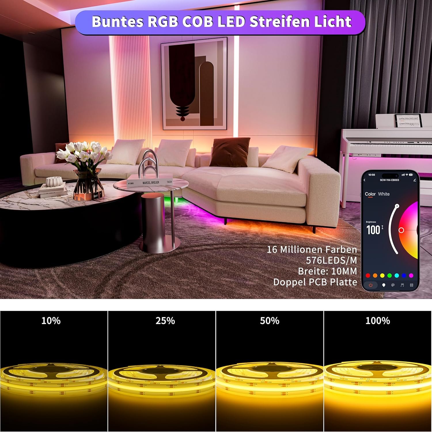 Oulara Wifi Rgb Cob LED Streiflen 6m, Farbe Wechsel Dimmbar LED Band Licht DC24V, Smart FunktionTerert mit Tuya/Alexa/Google Assistent – Bild 7