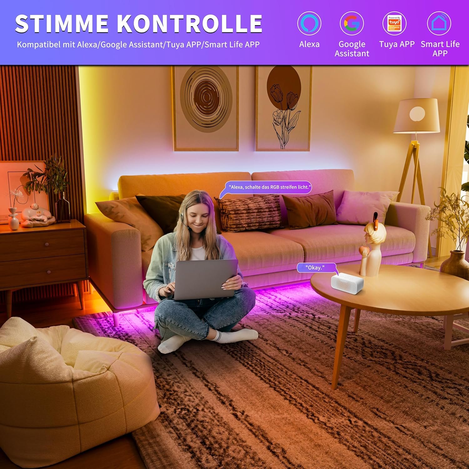 Oulara Wifi Rgb Cob LED Streiflen 6m, Farbe Wechsel Dimmbar LED Band Licht DC24V, Smart FunktionTerert mit Tuya/Alexa/Google Assistent – Bild 4